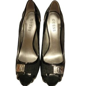 Guess Black‎ Jacquard Peep Toe Heels Platform Stiletto Pumps Party Evening Sz 8M
